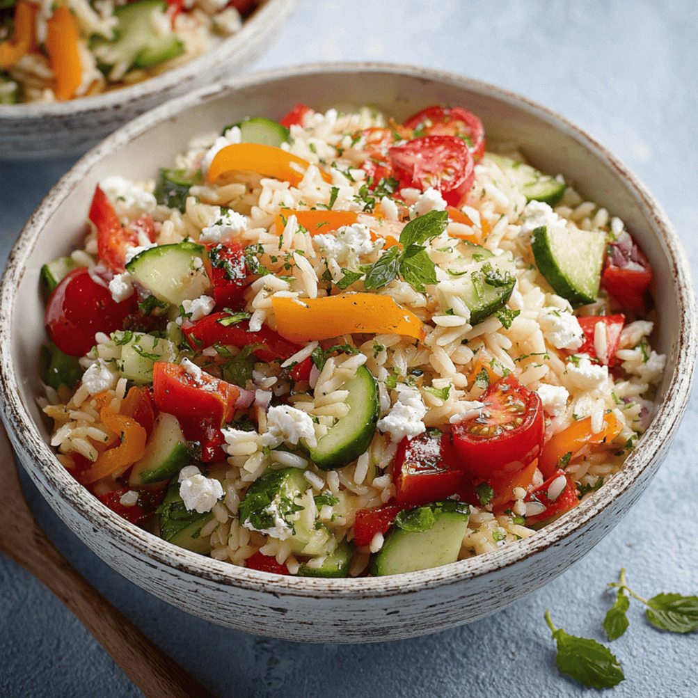 Frischer Kritharaki-Salat mit Feta und knackigem Gemüse