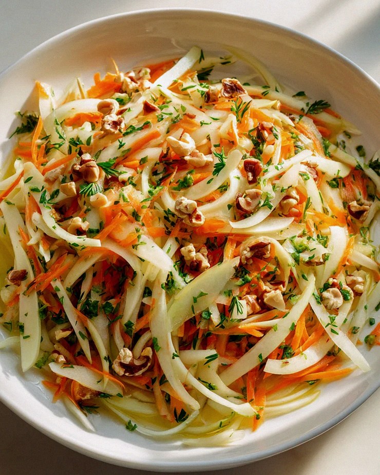 Kohlrabi Karotten Apfel Salat mit Nüssen & frischen Kräutern