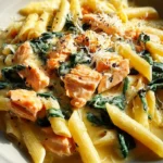 Penne in Lachs-Sahne-Sauce mit Spinat