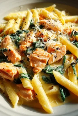 Penne in Lachs-Sahne-Sauce mit Spinat