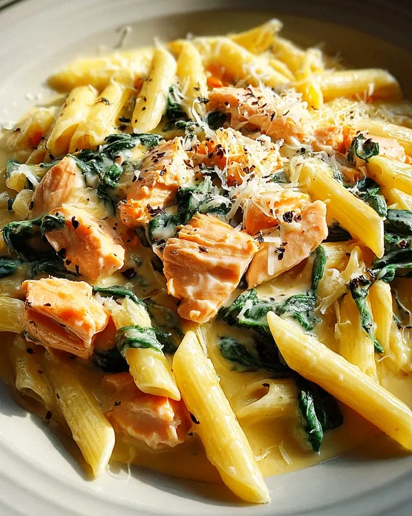 Penne in Lachs-Sahne-Sauce mit Spinat