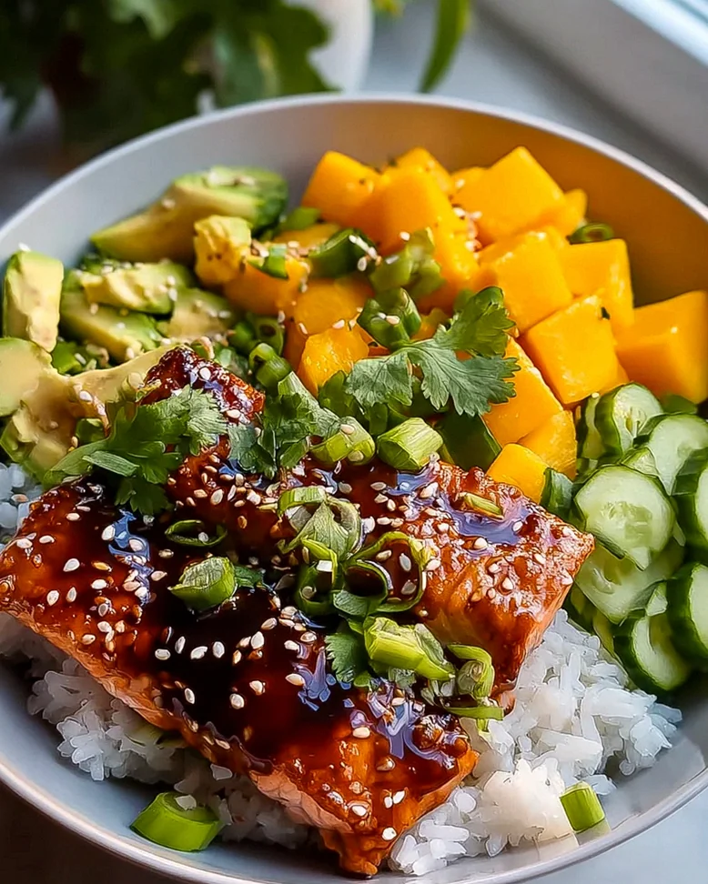 Teriyaki Lachs Reisschüssel mit Mango – Ein Genuss fürs Herz!